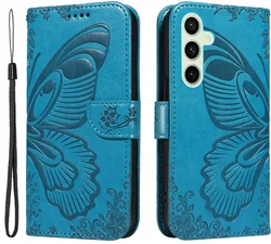 Samsung Galaxy S24 FE Hoesje Wallet Vlinder Book Case Kunstleer Blauw afbeelding
