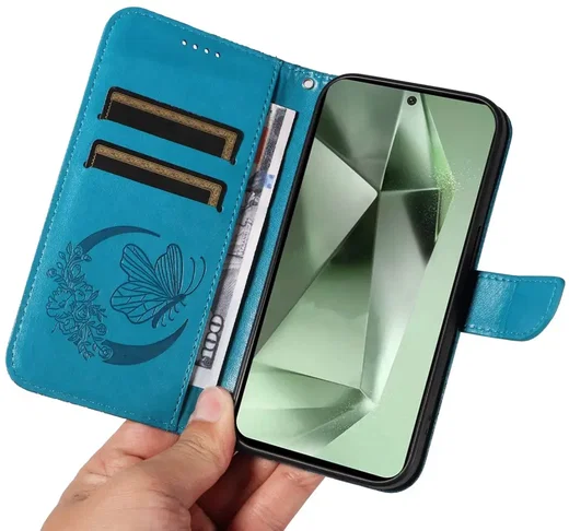 Samsung Galaxy S24 FE Hoesje Wallet Vlinder Book Case Kunstleer Blauw afbeelding 8