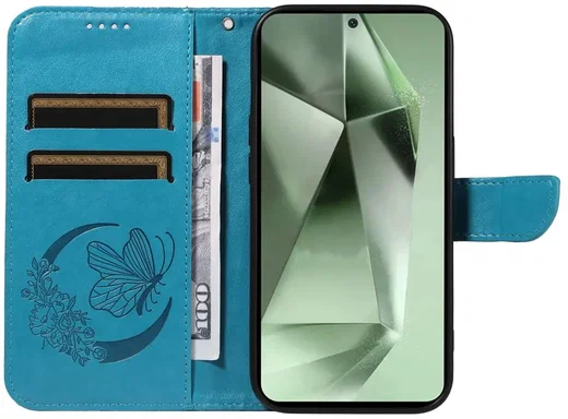 Samsung Galaxy S24 FE Hoesje Wallet Vlinder Book Case Kunstleer Blauw afbeelding 4