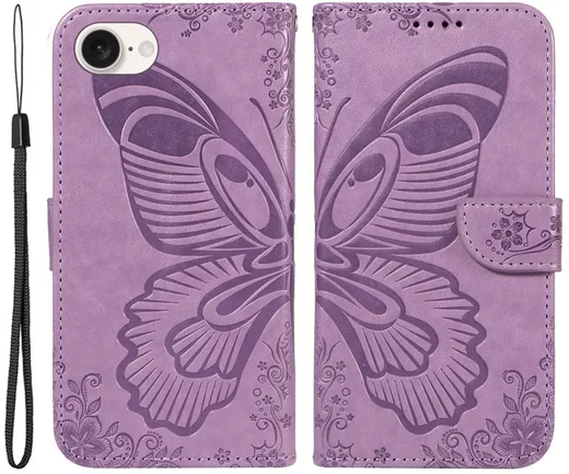Apple iPhone 17e / 16e Hoesje Wallet Vlinder Book Case Kunstleer Paars afbeelding 1