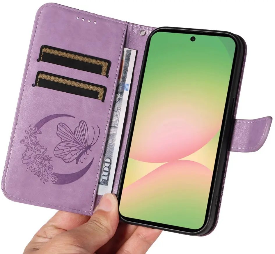 Samsung Galaxy A57 Hoesje Wallet Vlinder Book Case Kunstleer Paars afbeelding 11