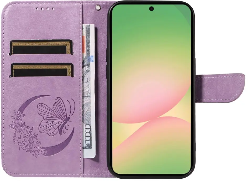 Samsung Galaxy A57 Hoesje Wallet Vlinder Book Case Kunstleer Paars afbeelding 6