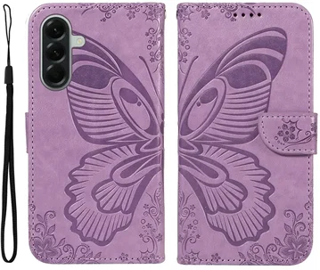 Samsung Galaxy A57 Hoesje Wallet Vlinder Book Case Kunstleer Paars