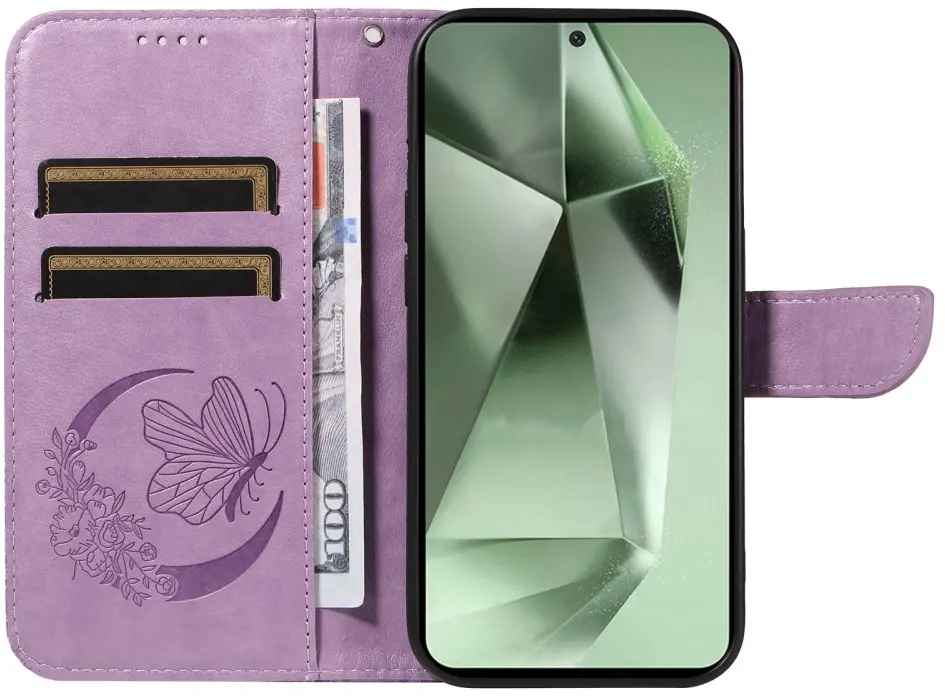 Samsung Galaxy S24 FE Hoesje Wallet Vlinder Book Case Kunstleer Paars afbeelding 4