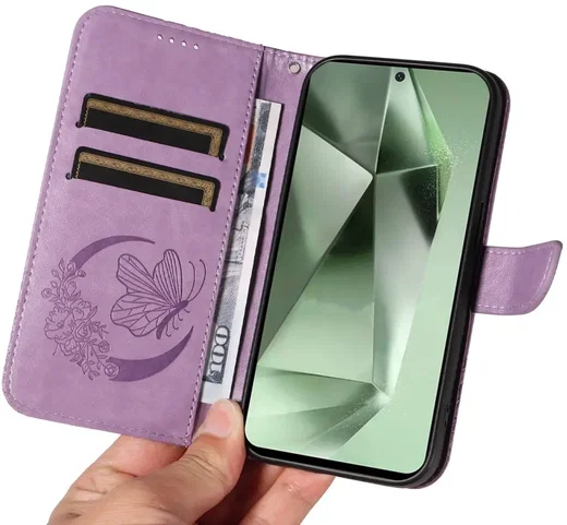 Samsung Galaxy S24 FE Hoesje Wallet Vlinder Book Case Kunstleer Paars afbeelding 8