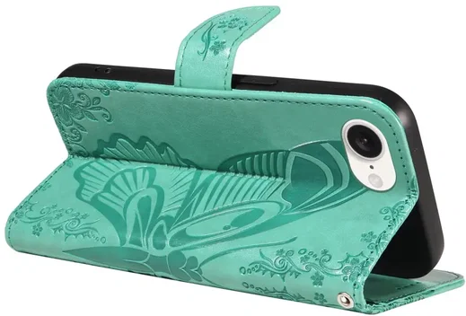 Apple iPhone 17e / 16e Hoesje Wallet Vlinder Book Case Kunstleer Groen afbeelding 6