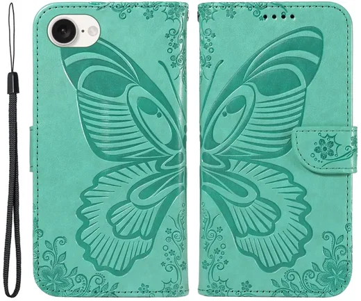 Apple iPhone 17e / 16e Hoesje Wallet Vlinder Book Case Kunstleer Groen afbeelding 1