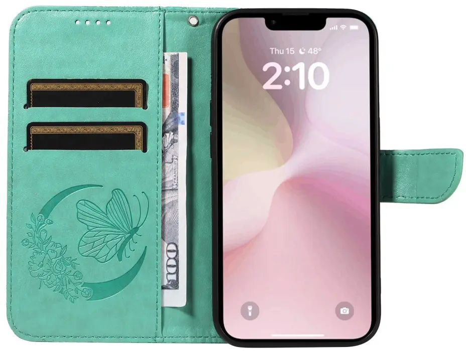 Apple iPhone 17e / 16e Hoesje Wallet Vlinder Book Case Kunstleer Groen afbeelding 4