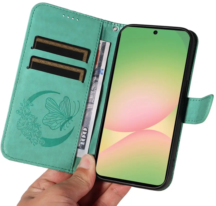 Samsung Galaxy A57 Hoesje Wallet Vlinder Book Case Kunstleer Groen afbeelding 11