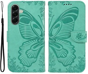 Samsung Galaxy A57 Hoesje Wallet Vlinder Book Case Kunstleer Groen