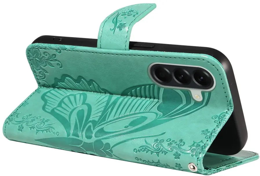 Samsung Galaxy A57 Hoesje Wallet Vlinder Book Case Kunstleer Groen afbeelding 2