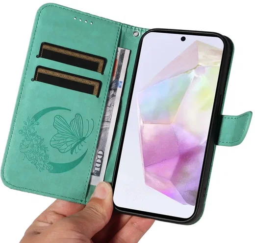 Samsung Galaxy A56 Hoesje Wallet Vlinder Book Case Kunstleer Groen afbeelding 8