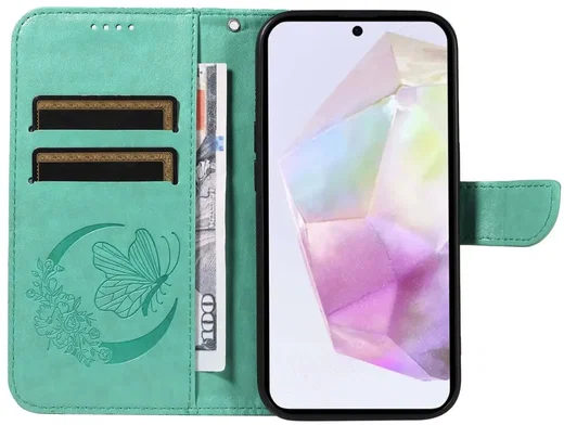 Samsung Galaxy A56 Hoesje Wallet Vlinder Book Case Kunstleer Groen afbeelding 3