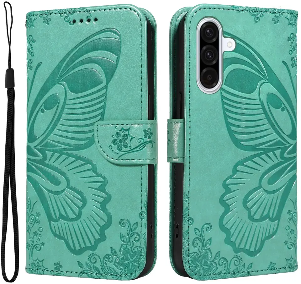 Samsung Galaxy A56 Hoesje Wallet Vlinder Book Case Kunstleer Groen afbeelding 1