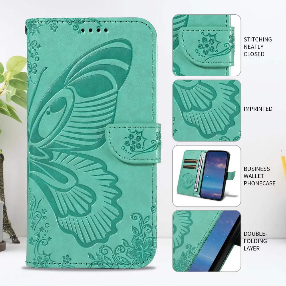 Samsung Galaxy S25 FE Hoesje Wallet Vlinder Book Case Kunstleer Groen afbeelding 8