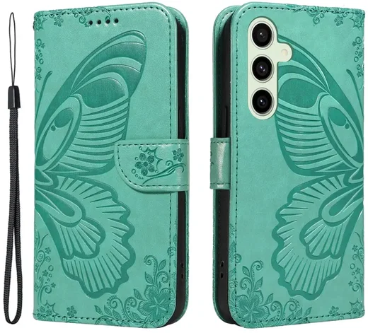 Samsung Galaxy S24 FE Hoesje Wallet Vlinder Book Case Kunstleer Groen afbeelding 1