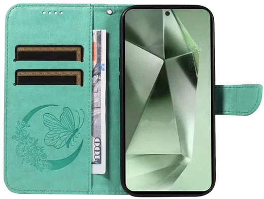 Samsung Galaxy S24 FE Hoesje Wallet Vlinder Book Case Kunstleer Groen afbeelding 4
