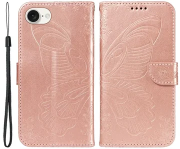 Apple iPhone 17e / 16e Hoesje Wallet Vlinder Book Case Kunstleer Roze Goud