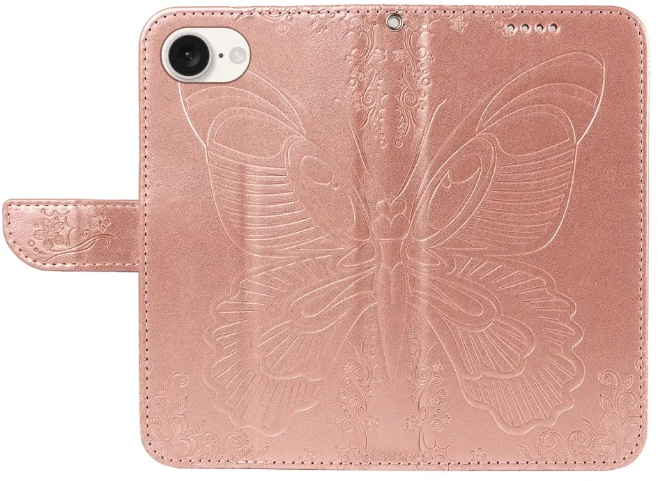 Apple iPhone 17e / 16e Hoesje Wallet Vlinder Book Case Kunstleer Roze Goud afbeelding 2