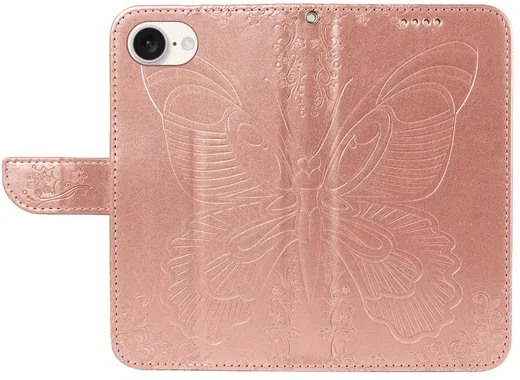 Apple iPhone 17e / 16e Hoesje Wallet Vlinder Book Case Kunstleer Roze Goud afbeelding 2