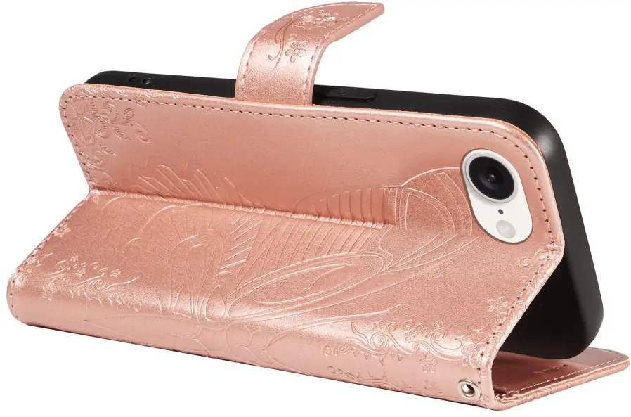 Apple iPhone 17e / 16e Hoesje Wallet Vlinder Book Case Kunstleer Roze Goud afbeelding 6