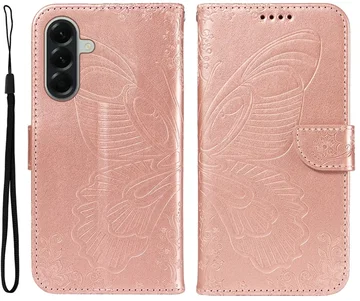 Samsung Galaxy A57 Hoesje Wallet Vlinder Book Case Kunstleer Roze Goud