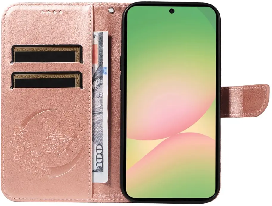 Samsung Galaxy A57 Hoesje Wallet Vlinder Book Case Kunstleer Roze Goud afbeelding 6