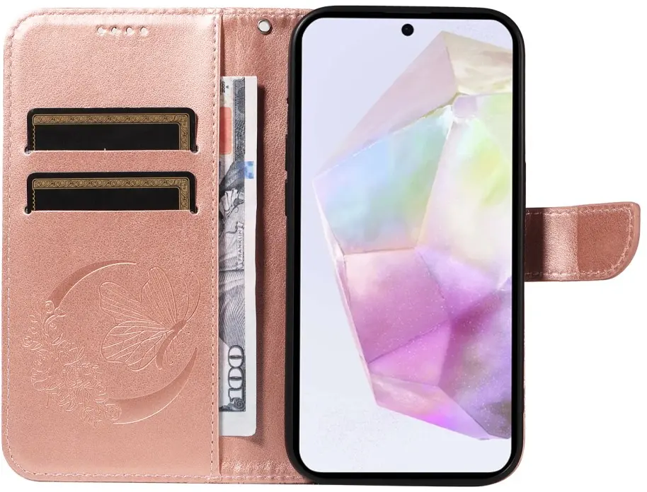 Samsung Galaxy A56 Hoesje Wallet Vlinder Book Case Kunstleer Roze Goud afbeelding 3