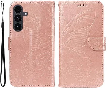 Samsung Galaxy S25 FE Hoesje Wallet Vlinder Book Case Kunstleer Roze Goud