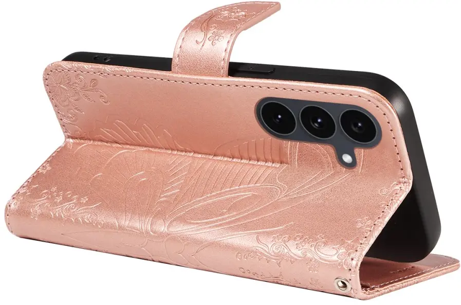 Samsung Galaxy S25 FE Hoesje Wallet Vlinder Book Case Kunstleer Roze Goud afbeelding 3