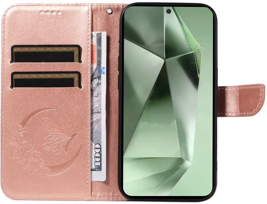 Samsung Galaxy S24 FE Hoesje Wallet Vlinder Book Case Kunstleer Roze Goud afbeelding 4