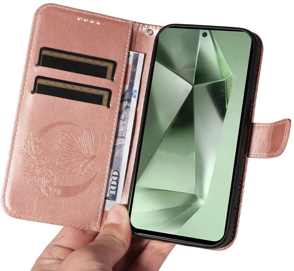 Samsung Galaxy S24 FE Hoesje Wallet Vlinder Book Case Kunstleer Roze Goud afbeelding 8