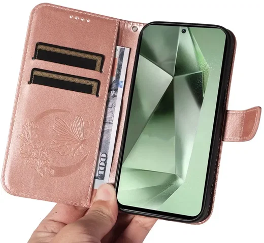 Samsung Galaxy S24 FE Hoesje Wallet Vlinder Book Case Kunstleer Roze Goud afbeelding 8