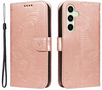 Samsung Galaxy S24 FE Hoesje Wallet Vlinder Book Case Kunstleer Roze Goud