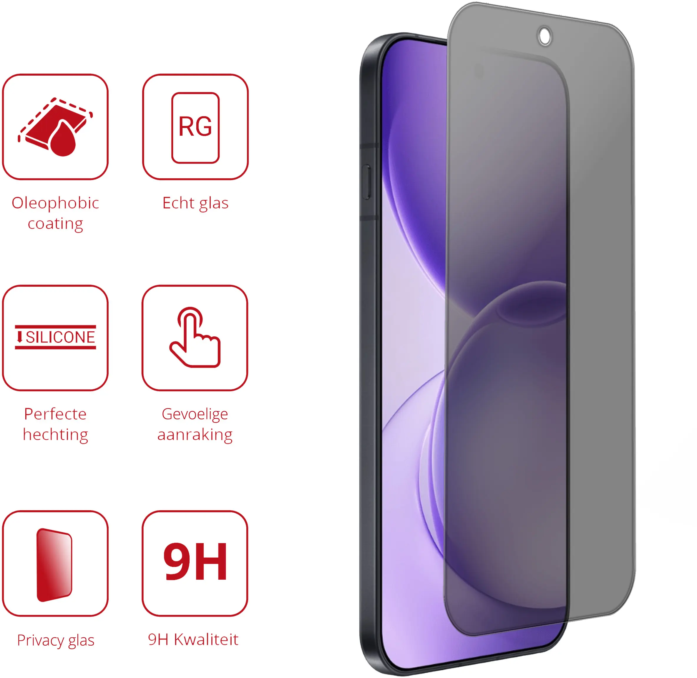 Rosso Oppo Reno 16 Pro 9H Tempered Glass Screen Protector Privacy afbeelding 2