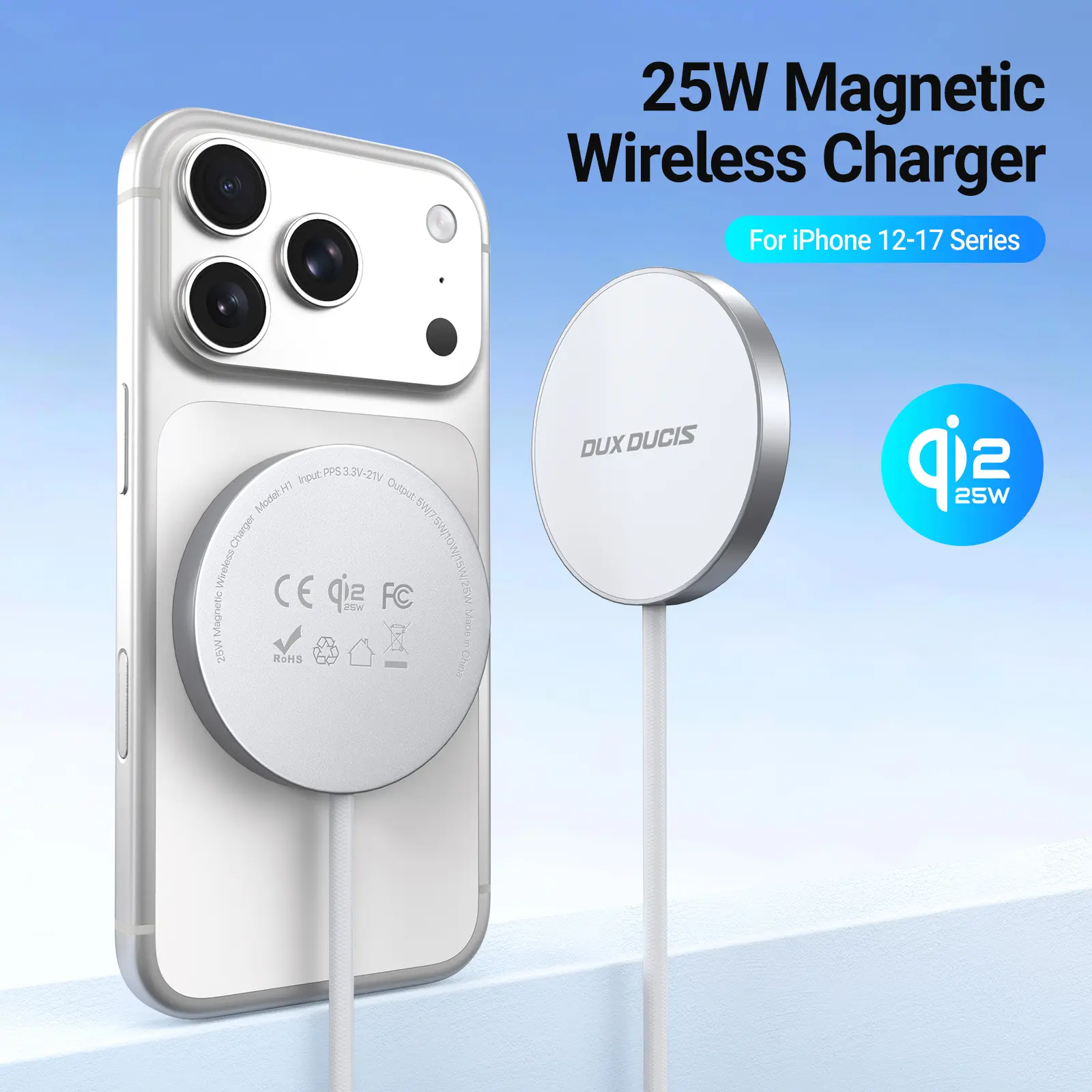 Dux Ducis H1 Qi2.2 Draadloze Oplader 25W met MagSafe en USB-C Kabel Wit afbeelding 3