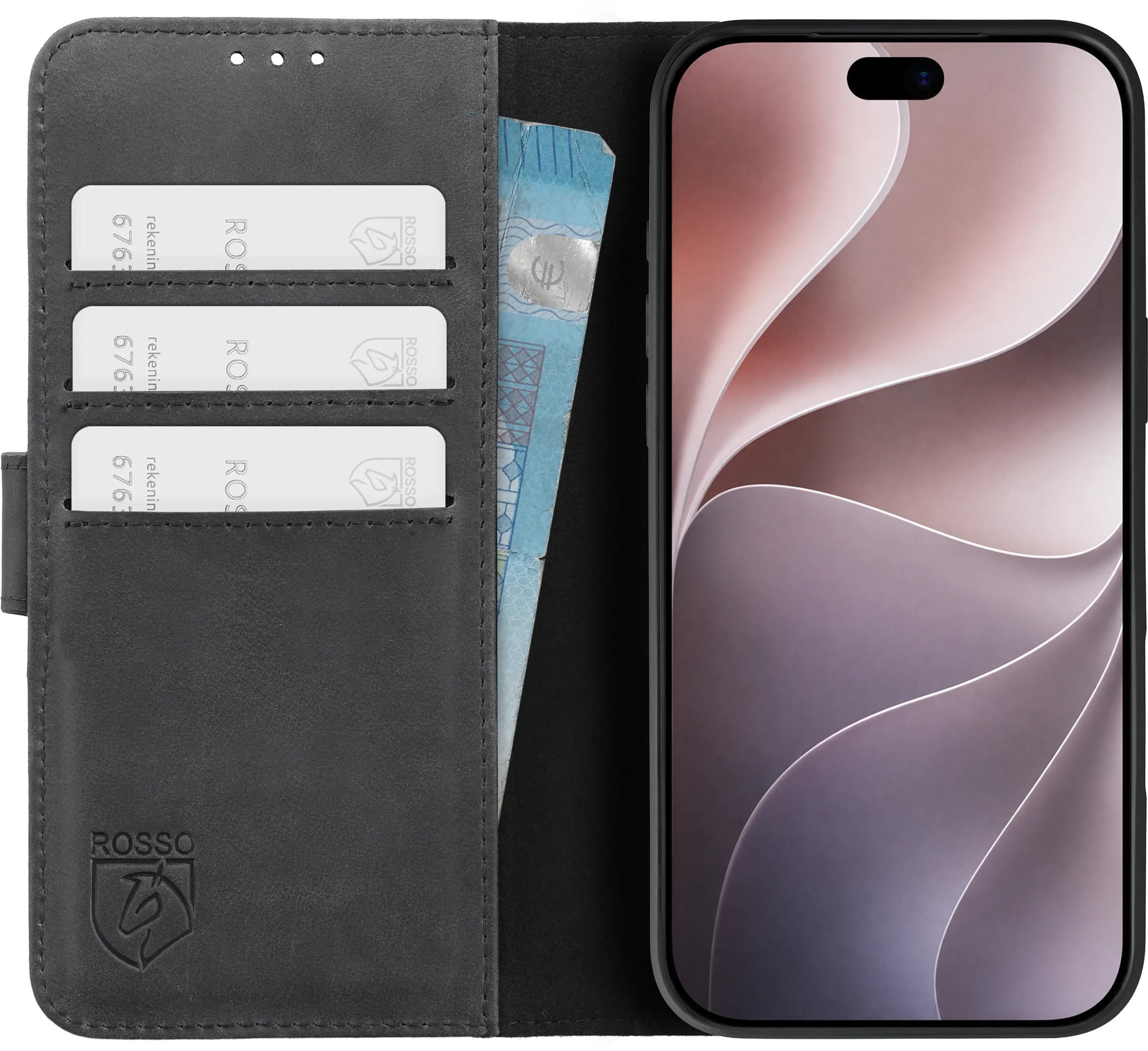 Rosso Deluxe Apple iPhone 18 Pro Hoesje Echt Leer Book Case Zwart afbeelding 1