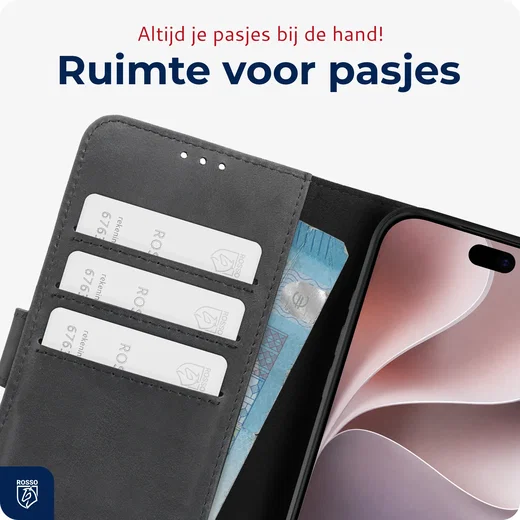 Rosso Deluxe Apple iPhone 18 Pro Hoesje Echt Leer Book Case Zwart afbeelding 4