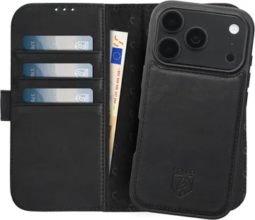 Rosso Elite iPhone 18 Pro Hoesje met MagSafe Book Case Echt Leer Zwart