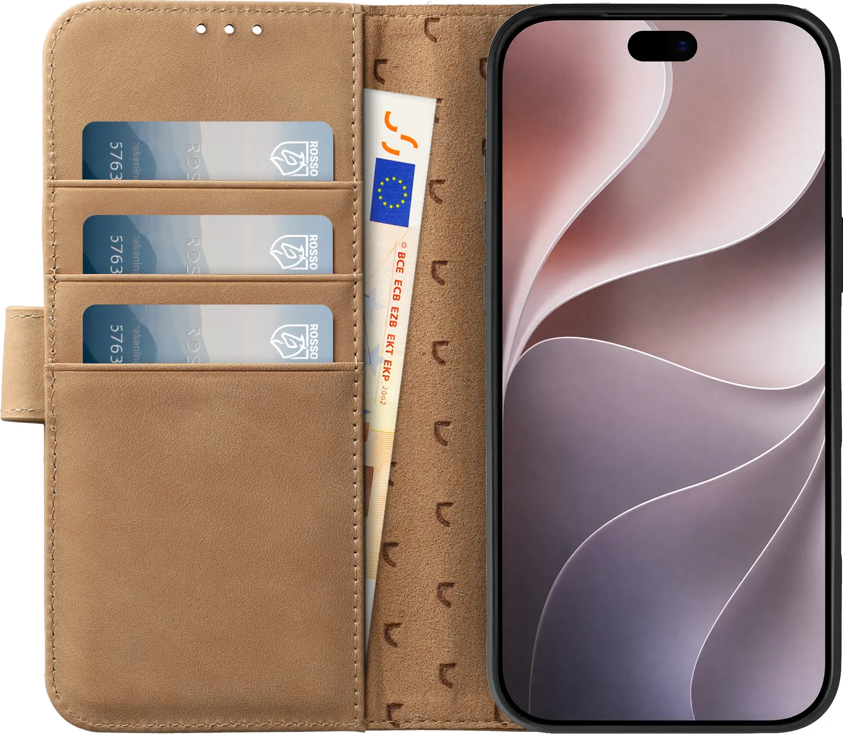 Rosso Elite iPhone 18 Pro Hoesje met MagSafe Book Case Echt Leer Licht bruin afbeelding 2