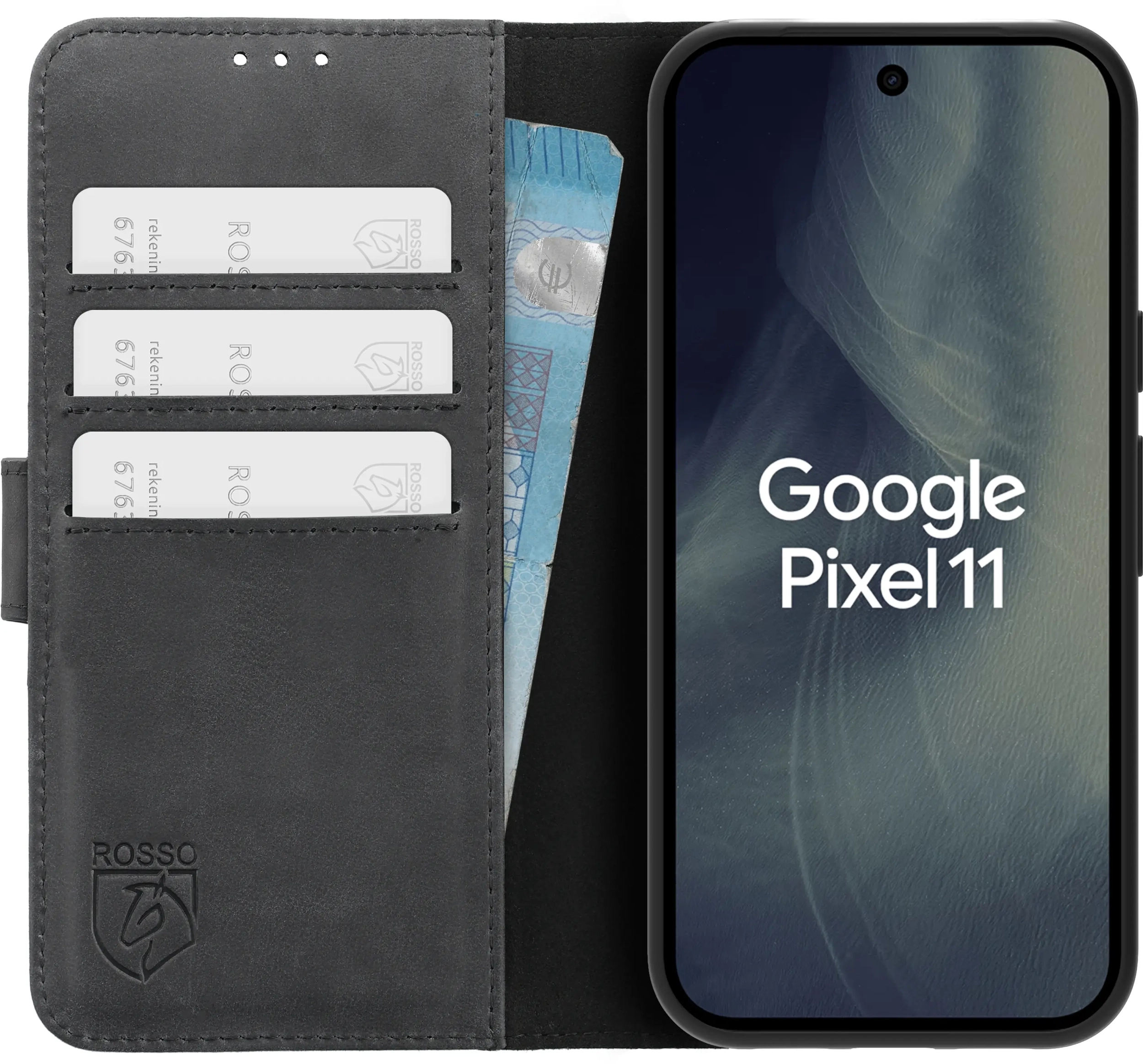 Rosso Deluxe Google Pixel 11 Hoesje Echt Leer Book Case Zwart afbeelding 1
