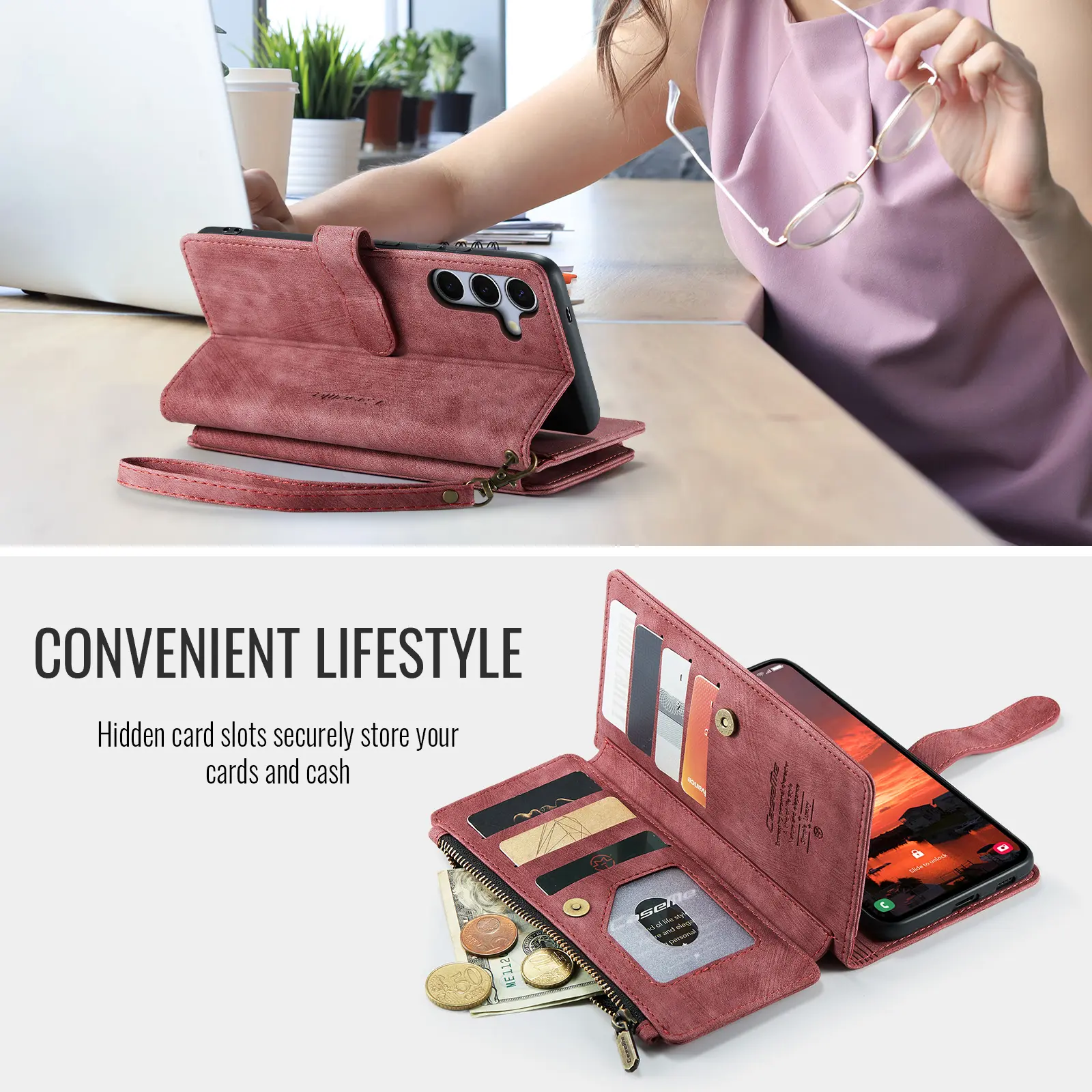 CaseMe C30 Samsung Galaxy S26 FE Hoesje Pasjeshouder Book Case Rood afbeelding 8