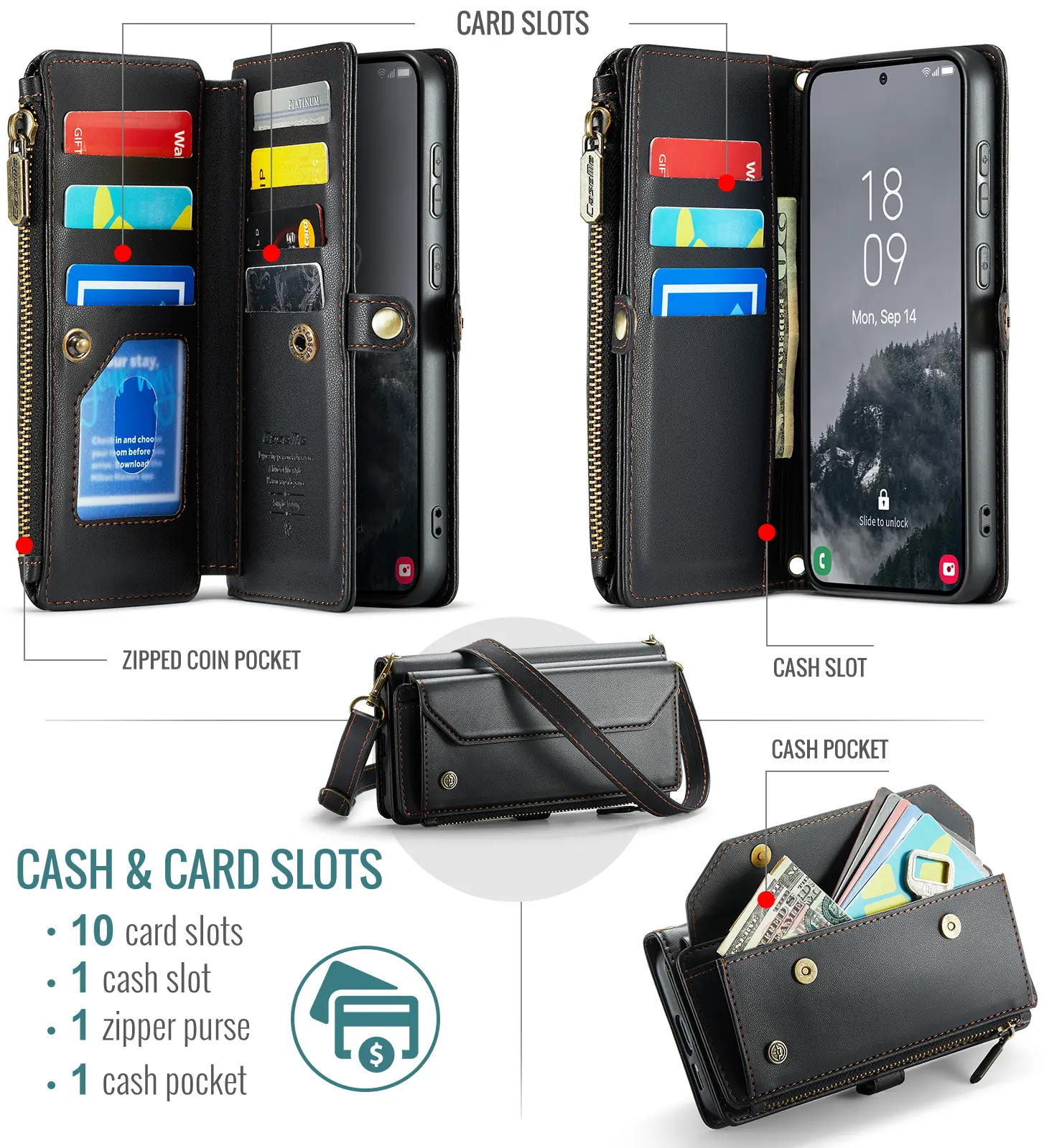 CaseMe C36 Samsung Galaxy S26 FE Hoesje Zipper Book Case Zwart afbeelding 2