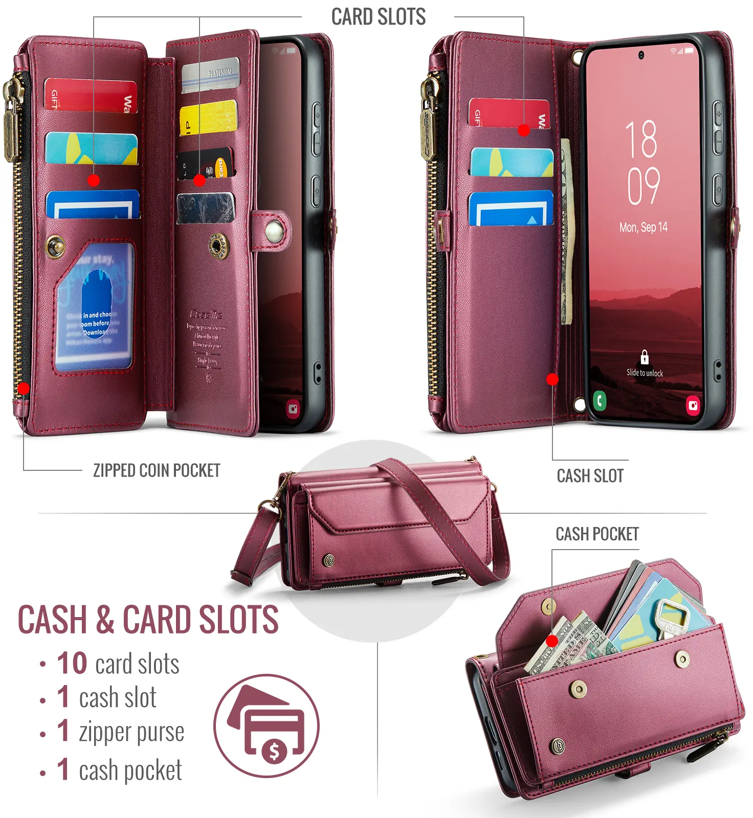 CaseMe C36 Samsung Galaxy S26 FE Hoesje Zipper Book Case Rood afbeelding 2