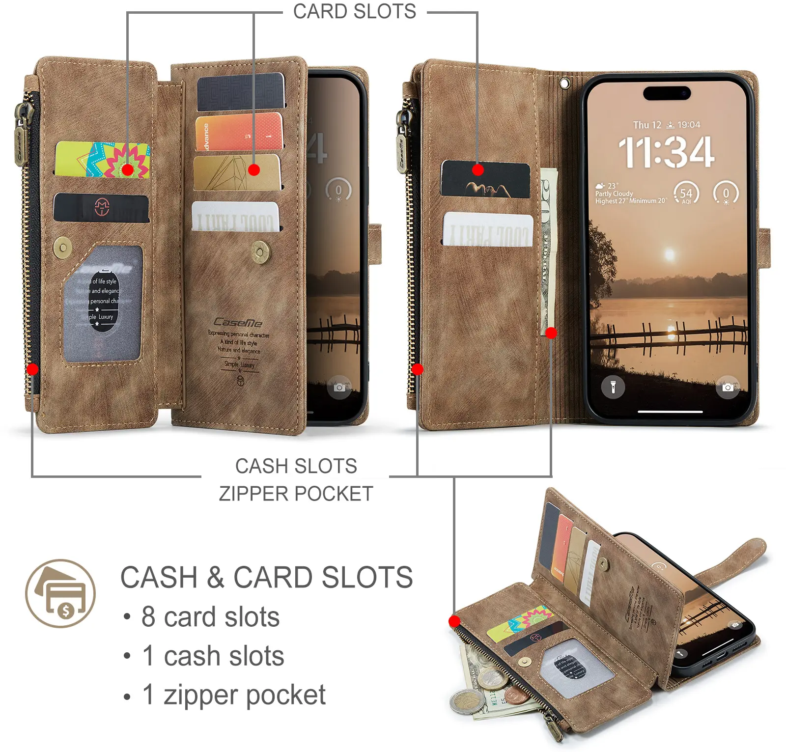 CaseMe C30 Apple iPhone 18 Pro Hoesje Pasjeshouder Book Case Bruin afbeelding 3