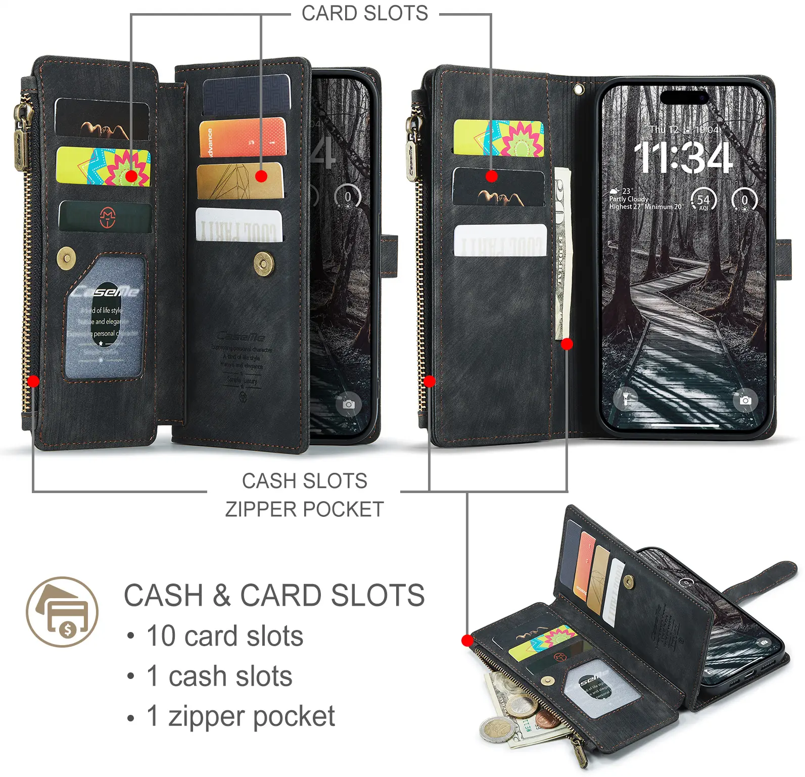 CaseMe C30 Apple iPhone 18 Pro Hoesje Pasjeshouder Book Case Zwart afbeelding 3