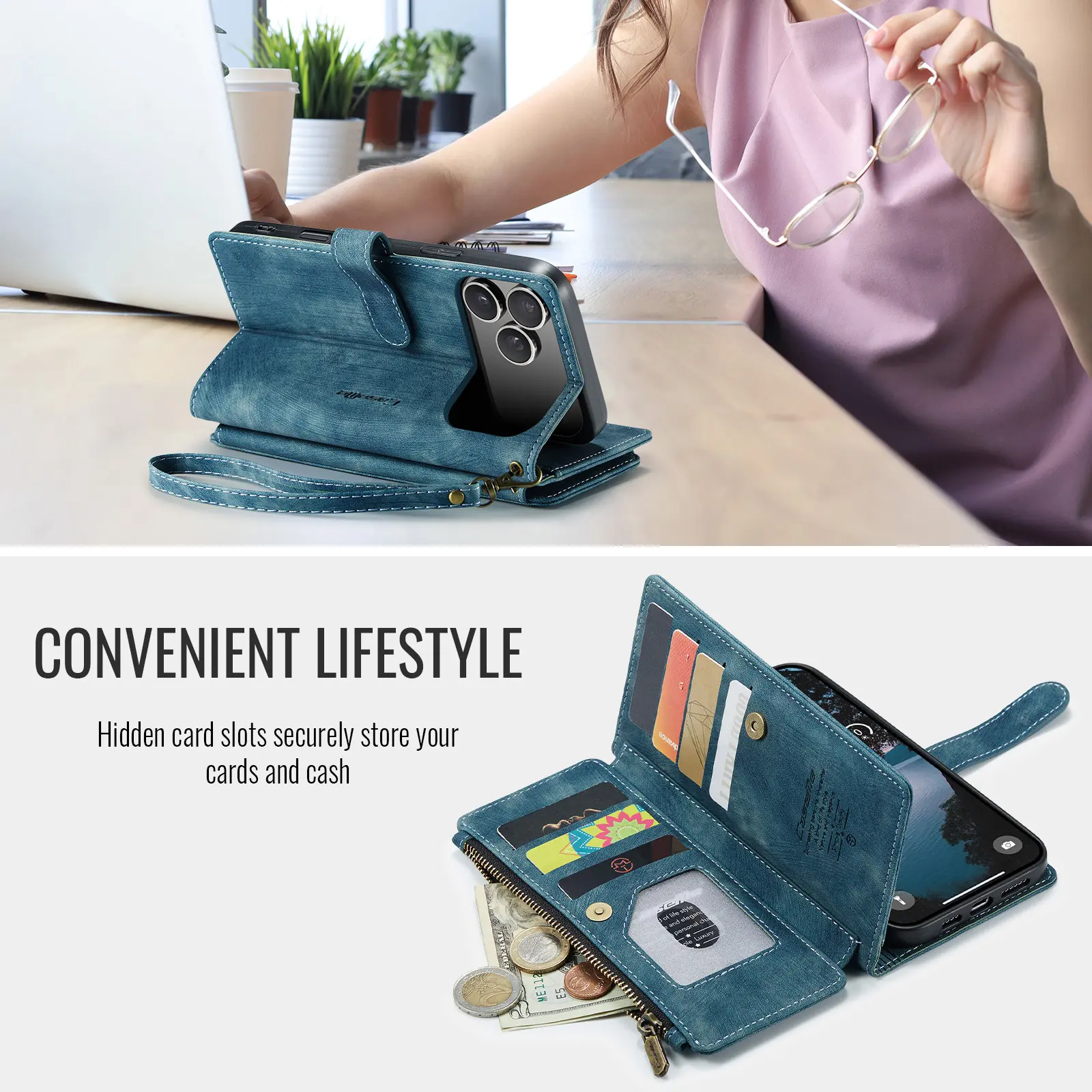 CaseMe C30 Apple iPhone 18 Pro Hoesje Pasjeshouder Book Case Blauw afbeelding 4
