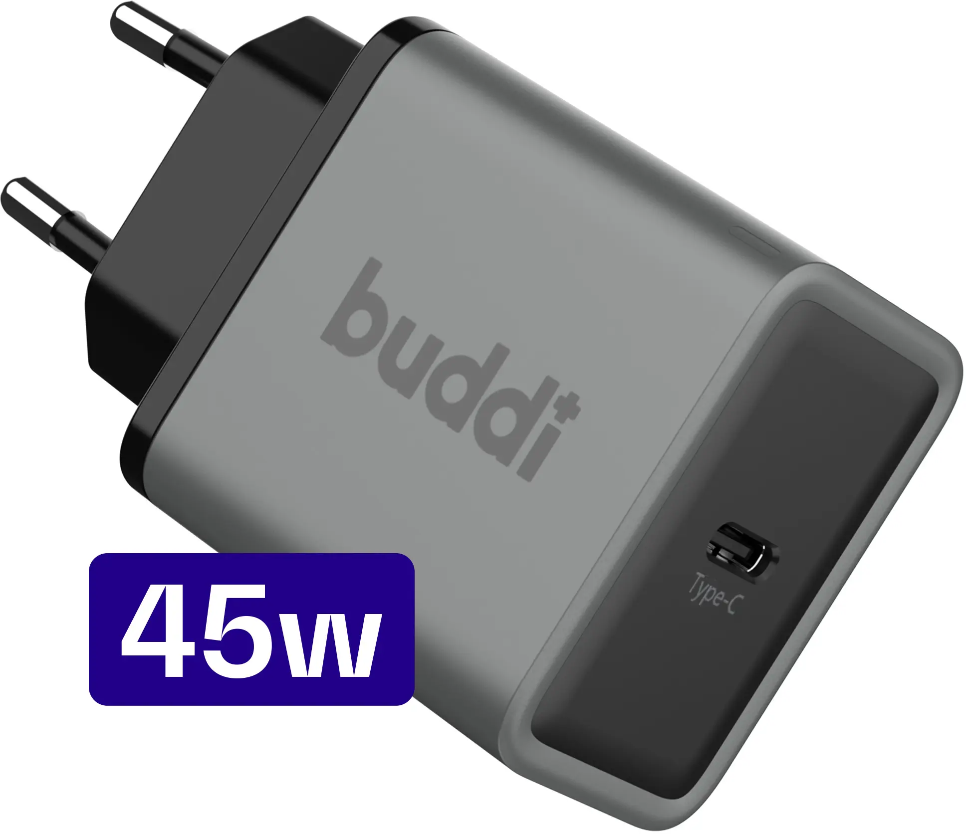 Buddi Power 45W Power Adapter Fast Charge GaN Technologie USB-C Snellader Grijs afbeelding 1