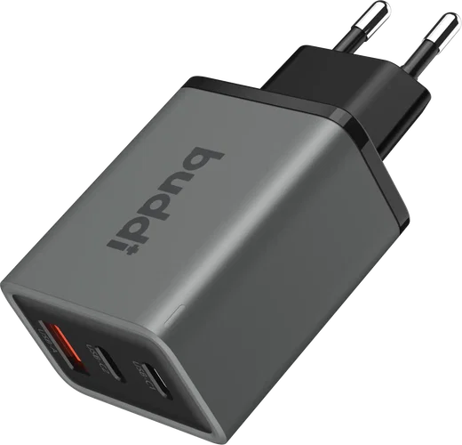 Buddi Power 65W Power Adapter Fast Charge GaN 2x USB-C + USB-A Snellader Grijs afbeelding 9