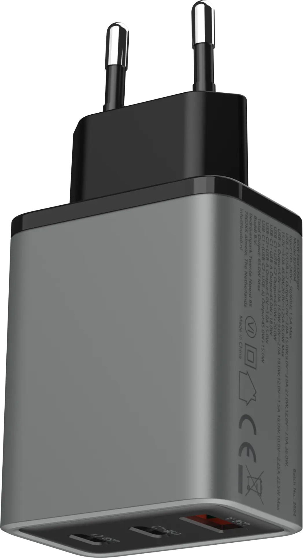 Buddi Power 65W Power Adapter Fast Charge GaN 2x USB-C + USB-A Snellader Grijs afbeelding 7